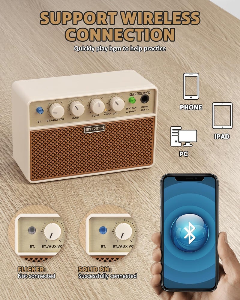 STRICH 2 x 5 W Mini Bass Amp - Portable, Rechargeable Bass Practice Amplifier with Clean & Drive Channels, 1/8 Headphone Output for Beginner, Brown - Image 3